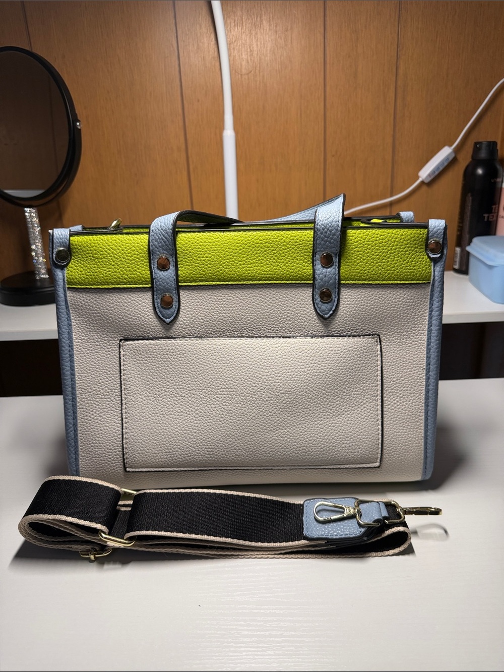 Leather Tote Bag in White, Lime & Light Blue - Stylish Men’s Carryall